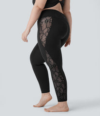 SoftlyZero™ High Waisted Crossover Contrast Lace Pocket Yoga 7/8 Plus Size Leggings-UPF50+