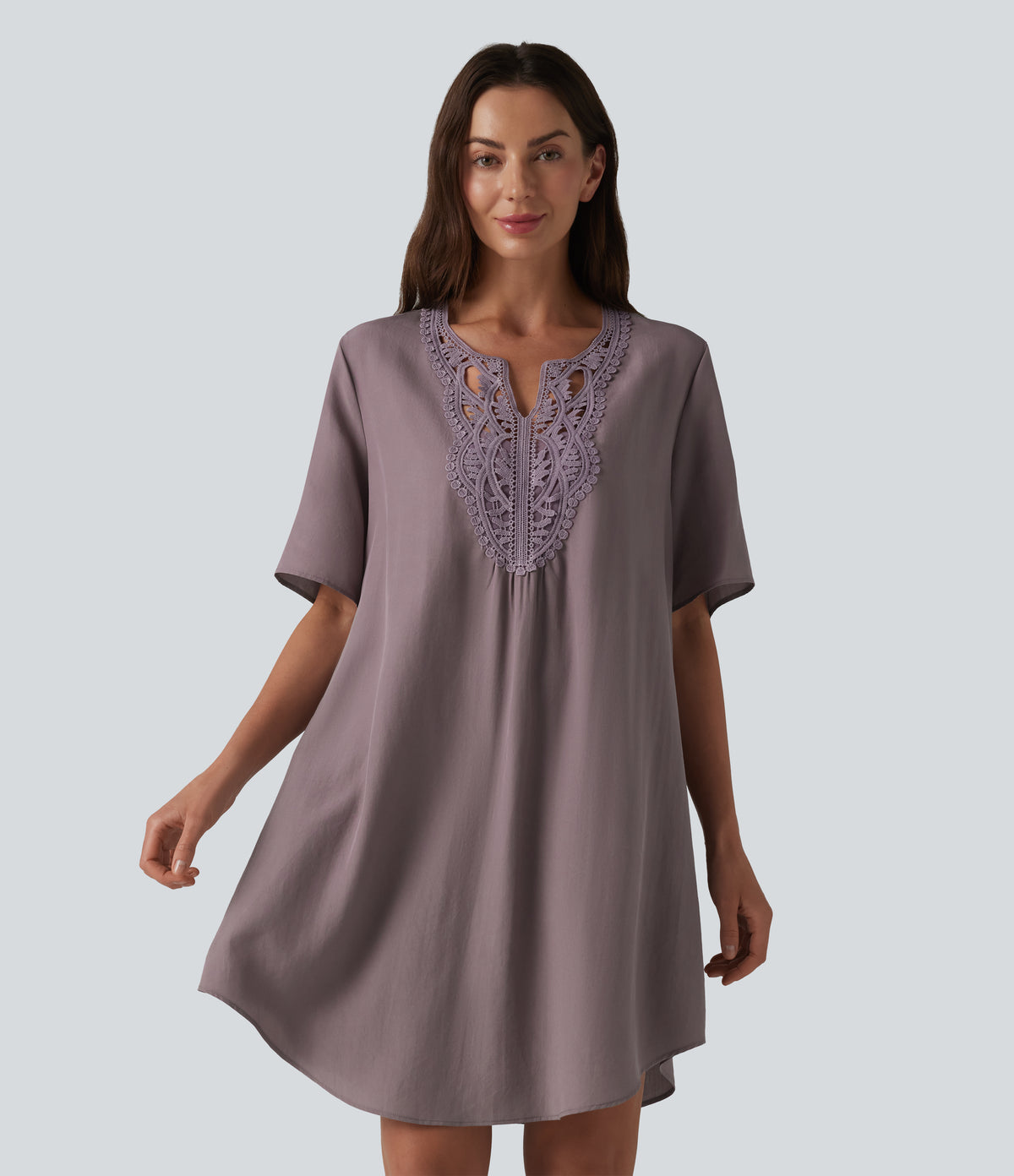 V-neck Short Sleeve Contrast Lace Mini Lyocell Casual Tunic Dress