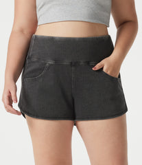 Halara Flex™ Denim Plus Size High Waisted Tummy Control Curved Hem Skinny Casual Shorts with Pockets