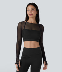 Halter Long Sleeve Thumb Hole Contrast Mesh 2-in-1 Cropped Yoga Sports Top
