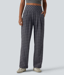 High Waisted Plaid Crinkle Quick Dry Casual Straight Leg Pants with Pockets