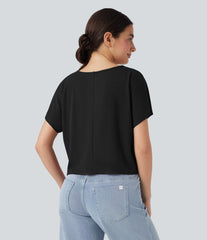 Ribbed Knit Batwing Sleeve Relaxed Casual T-Shirt
