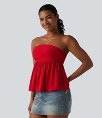 Breezeful™ Shirred Ruffle Hem Quick Dry Casual Babydoll Tube Top