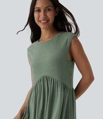Ribbed Knit Round Neck Sleeveless Flowy Midi Casual Linen-Blend Dress