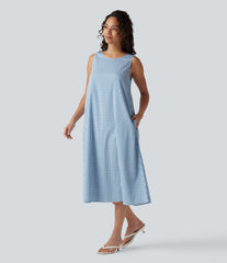 Round Neck Sleeveless Midi Crinkle Gingham Casual Tank Dress with Pockets