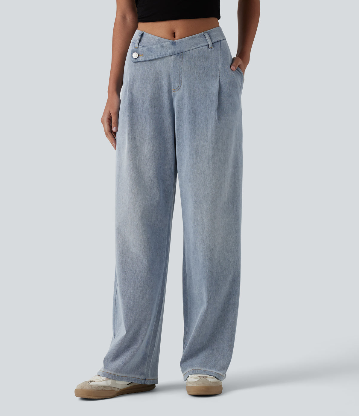 Halara Flex™ Asymmetric Mid Rise Straight Leg Casual Jeans with Pockets