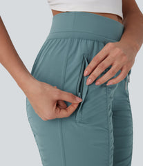 High Waisted Drawstring Tapered Travel Joggers with Side Zip Pockets