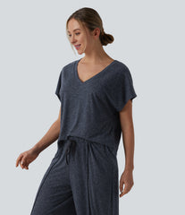 V Neck Short Sleeve Casual Linen-Blend T-Shirt