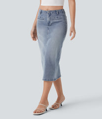 Halara Flex™ Mid Rise Back Midi Washed Denim Casual Straight Skirt with Pockets