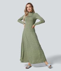 Funnel Neck Long Sleeve Flare Maxi Casual Dress