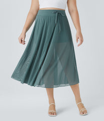 High Waisted Drawstring Contrast Mesh 2-in-1 Pocket Flowy Midi Flare Casual Plus Size Skirt