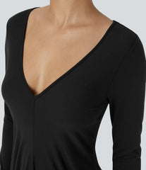 Deep V Neck Long Sleeve Stacked Ruched Maxi Casual Dress