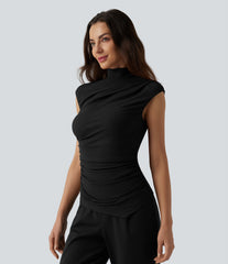 Ribbed Knit Mock Neck Ruched Asymmetric Hem Casual Tank Top