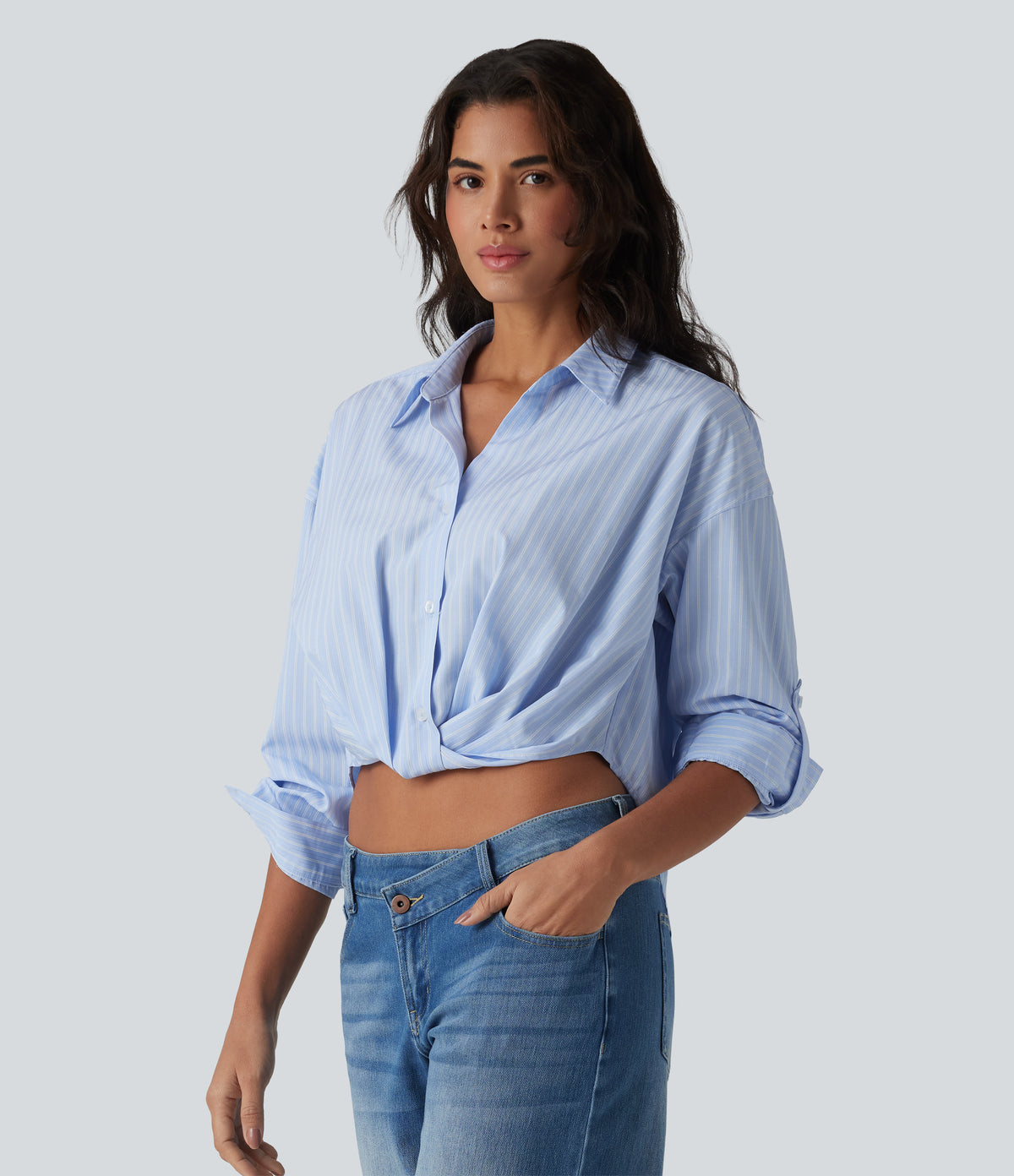 Collar Roll Up Sleeve Twisted High Low Stripes Casual Shirt