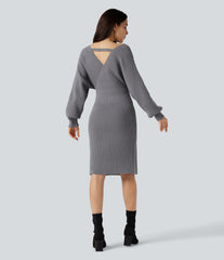 V-neck Batwing Long Sleeve Split Bodycon Midi Work Sweater Dress