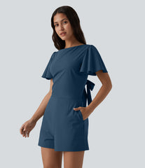SoftlyZero™ Airy Flounce Short Sleeve Tie Back InstantCool Casual Romper with Pockets-Easy Peezy Edition