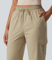 Mid Rise Drawstring Stretchy Poplin Casual Cargo Joggers with Pockets