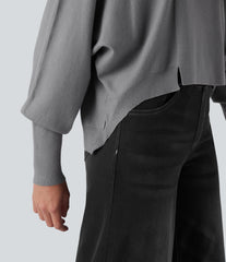 High Neck Long Sleeve High Low Work Sweater