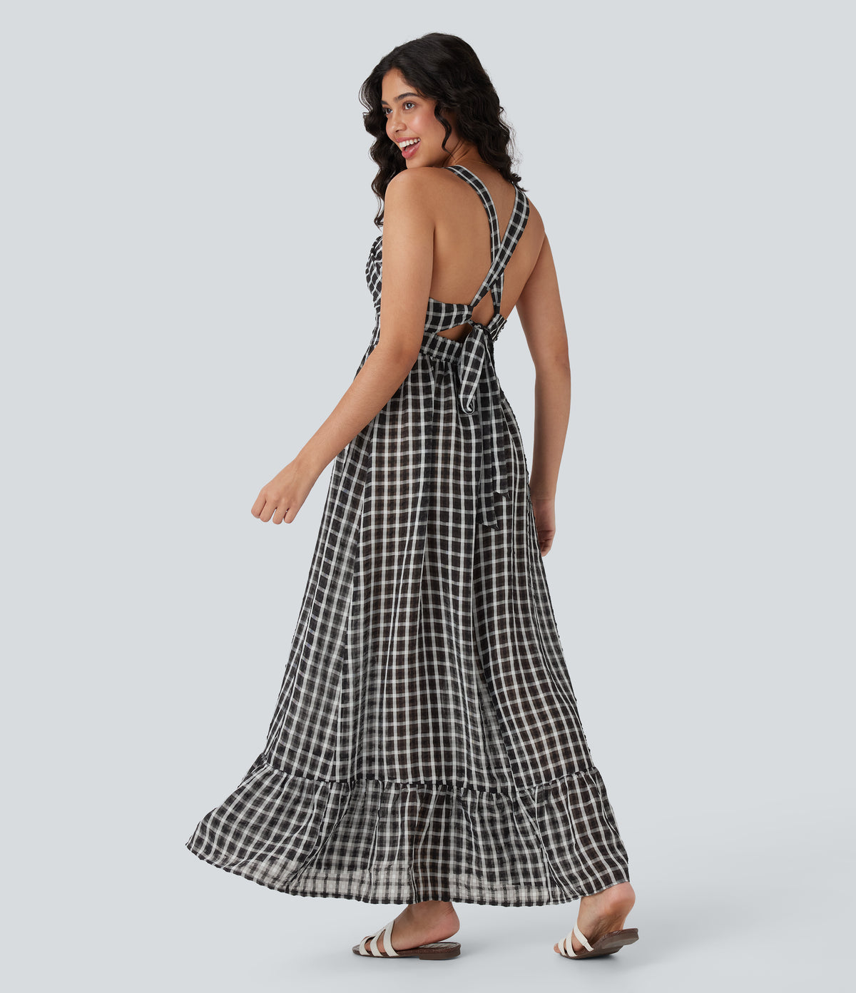 Tie Back Ruffle Hem Plaid Flowy Maxi Casual Dress