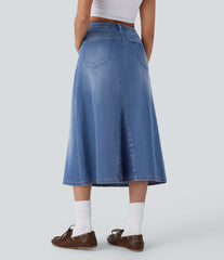 Halara Flex™ High Waisted Pockets Midi Washed Denim Casual A-Line Skirt