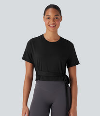 Round Neck Short Sleeve Tie Side Yoga Sports Top