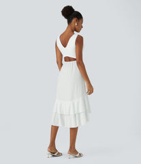 Breezeful™ V Neck Cut Out Pocket Ruffle Flowy Quick Dry Midi Dress