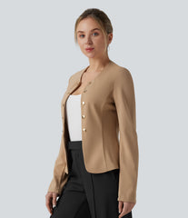 Round Neck Decorative Button Pleated Hem Work Blazer