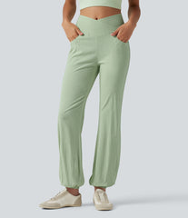 Crossover High-waisted Casual Stretch Linen Balloon Joggers with Pockets