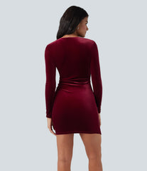Deep V Neck Long Sleeve Ruched Velvet Mini Bodycon Dresses