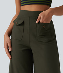 Ribbed Knit High Waisted Pedal Pushers Quick Dry Casual Wide Leg Pants with Flap Pockets-UPF50+