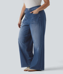 Halara Flex™ Asymmetric High Waisted Washed Casual Baggy Plus Size Jeans with Pockets