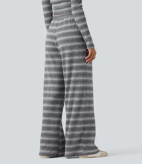 Mid Rise Drawstring Wide Leg Waffle Gradient Stripe Casual Pants with Pockets