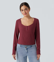 Ribbed Knit Henley Neck Long Sleeve Casual Top