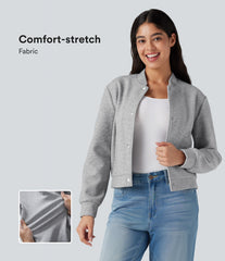 Stand Collar Long Sleeve Fleece Casual Bomber Jacket with Pockets