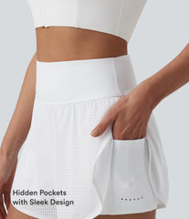 High Waisted Tummy Control Reflective Dots Crossover Curved Hem 2-in-1 Eyelet Yoga Shorts with Pockets