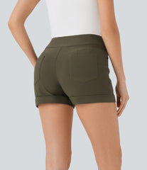 High Waisted Rolled Hem Casual Skinny Shorts with Pockets