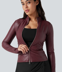 Stand Collar Long Sleeve Thumb Hole Fleece Casual PU Leather Jacket