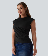 Round Neck Cap Sleeve Crossover Hem Casual Top