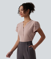V-neck Petal Short Sleeve Work Blouse