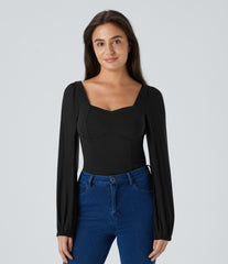 SoftlyZero™ Airy Sweetheart Neck Contrast Mesh Bishop Sleeve InstantCool Casual Bodysuit-UPF50+