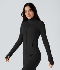 Long Sleeve Thumb Hole Fleece Workout Jacket with Pockets