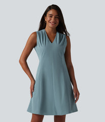 V-neck Sleeveless Pleated Invisible Zipper Mini A-line Stretchy Poplin Work Dress with Pockets