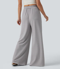 High Waisted Drawstring Stripe Waffle Wide Leg Casual Pants with Pockets