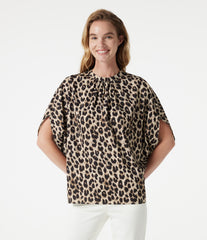 Mock Neck Tie Back Batwing Short Sleeve Ruched Leopard Print Work Blouse