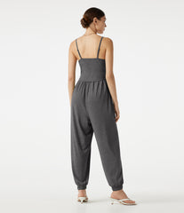 Adjustable Straps Ruched Built-in Bra Heathered Casual Jogger Jumpsuit with Pockets-Easy Peezy