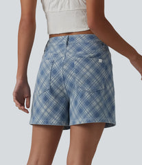 Halara Flex™ Mid Rise Plaid Denim Casual Shorts 4'' with Pockets