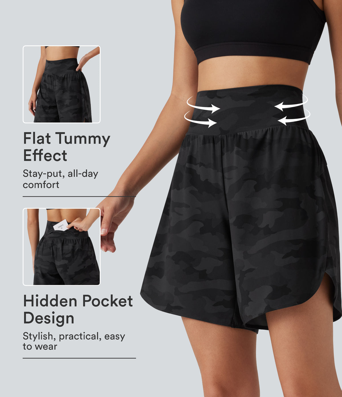 Halara UltraSculpt™ Camo Print High Waisted Tummy Control Curved Hem Running Shorts 7" with Pocket