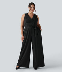 V Neck Sleeveless Belted Stripe InstantCool Work Plus Size Jumpsuit with Pockets-Easy Peezy