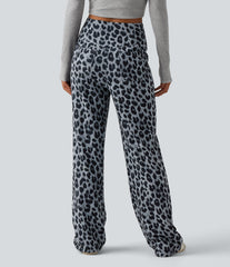 High Waisted Crossover Wide Leg Leopard Print Waffle Casual Pants with Pockets
