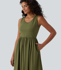 U Neck Sleeveless Flowy Maxi Casual Dress with Pockets